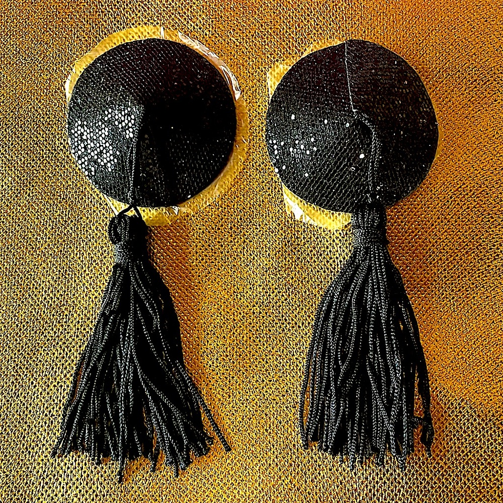 NWT black tassel pasties sequined nipple covers sexy jiggle embellished one size